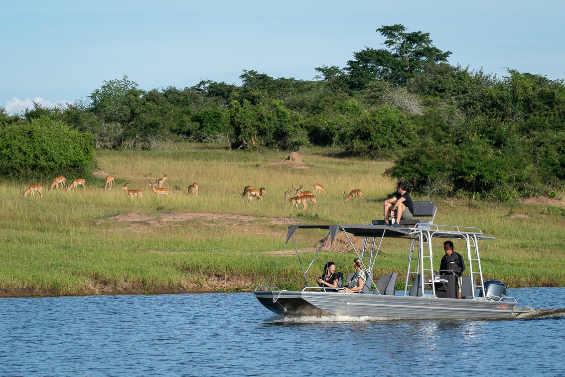 Relaxing boat safari on Lake Ihema, one of the largest lakes in the park.
